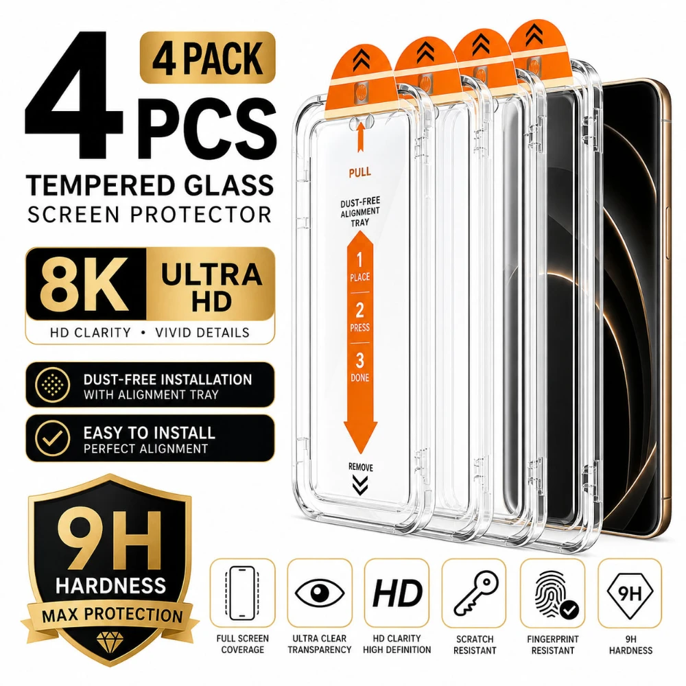 NNBILI 4er-Set HD Panzerglas Displayschutzfolie, Verbessertes Ein-Klick-Positionierungs-Installationskit, für iPhone 18 17 16 15 Pro Max
