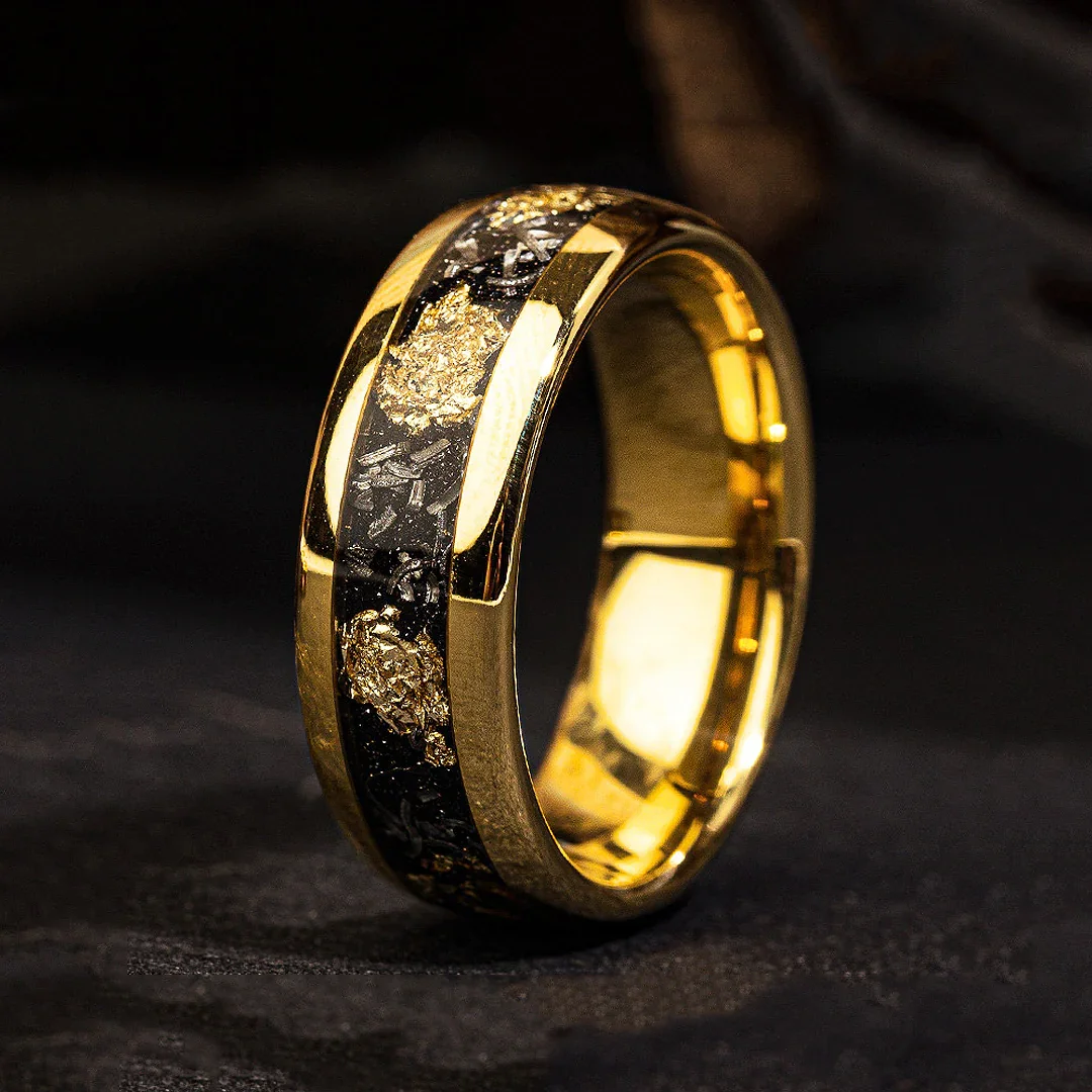 Mens Gold Leaf Flakes Wedding Band with Crushed Meteorite,Unique Wedding Band, Gold Ring, Mens Wedding Band, Tungsten Ring