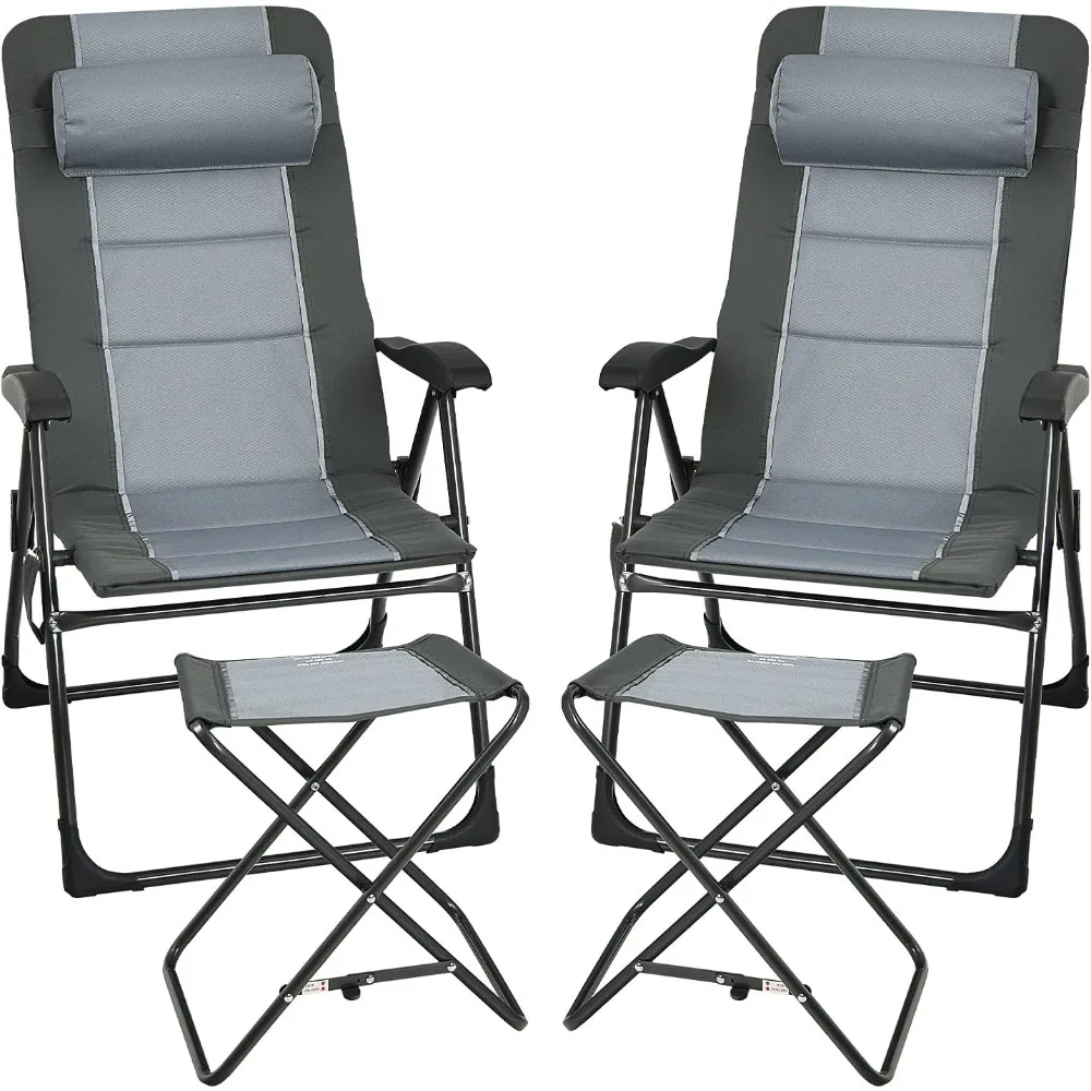 

Set of 2 Patio Dining Chairs with Footstools, Folding Recliner Chairs with 7-Position Adjustable Backrest, Headrest, Mes