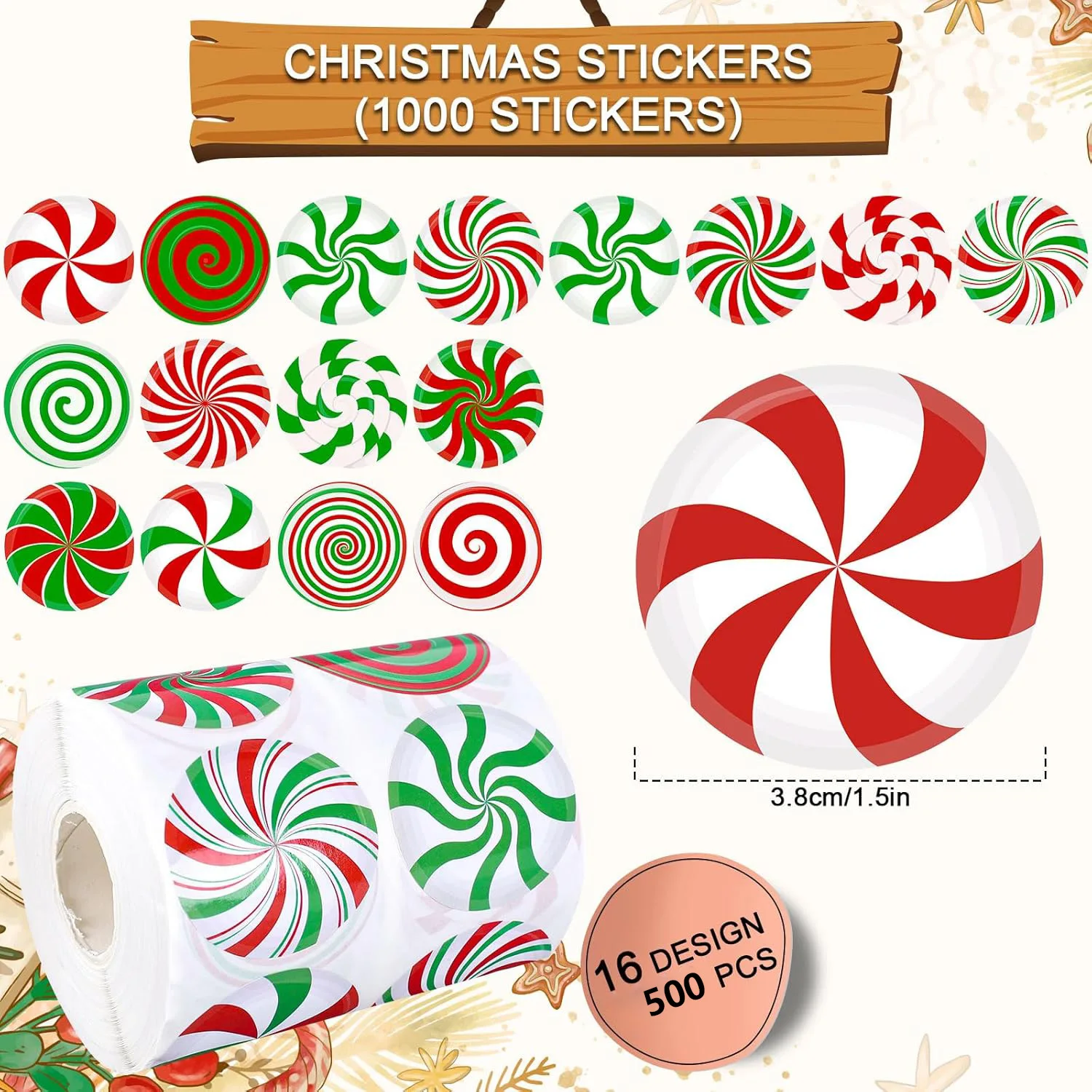 500Pcs Christmas Stickers Roll Candy Theme Decals 16 Designs Red Green Sweet Xmas Stickers for Gift Greeting Card Party Supplies