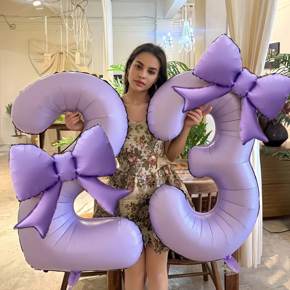DTCTK 2pcs 40inch Cream Purple Number 0-9 Balloon with bow kids Adult Birthday Decoration Festive Party Supplies Anniversary Bal - Image 2