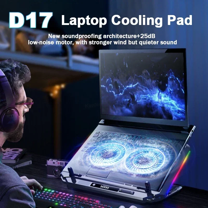 D17 Gaming Laptop Cooler W/ RGB Light HD Display Laptop Cooling Pad 5 Angle Adjustable Notebook Cooler Stand for 15-21''Computer