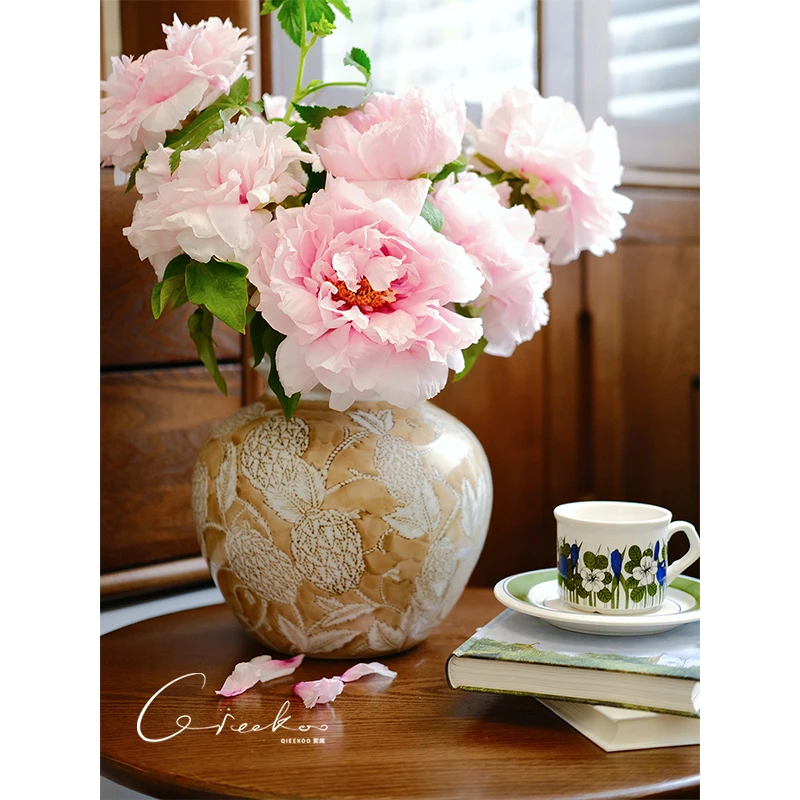 

New Chinese-style gold leaf full hall mocha brown ceramic large-diameter vase Suitable for interior decoration
