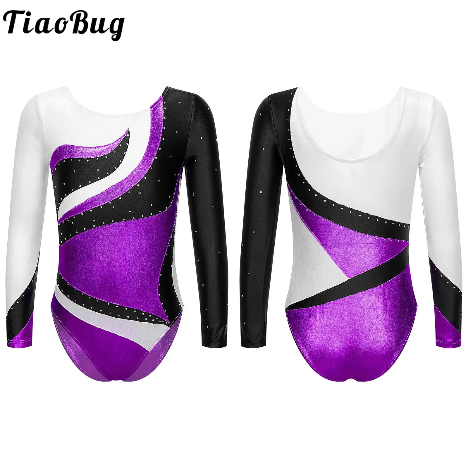 

Kids Girls Ballet Dance Leotard Shiny Rhinestone Contrast Color Bronzing Cloth Gymnastics Performance Leotards Stage Bodysuit