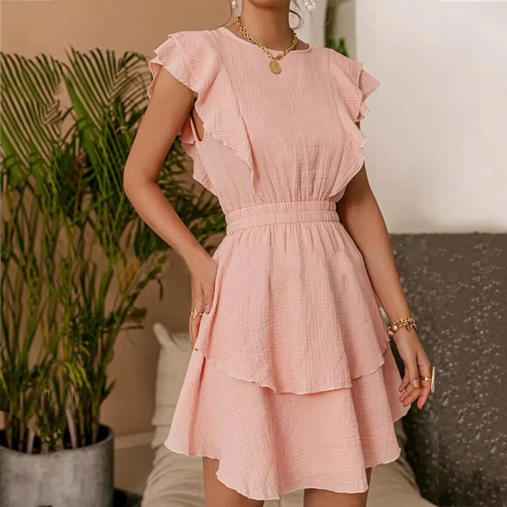 Vestido feminino com babados em camadas, vestido sem mangas femininas, decote em O, comprimento médio, cintura apertada, elástico, monocromático, verão