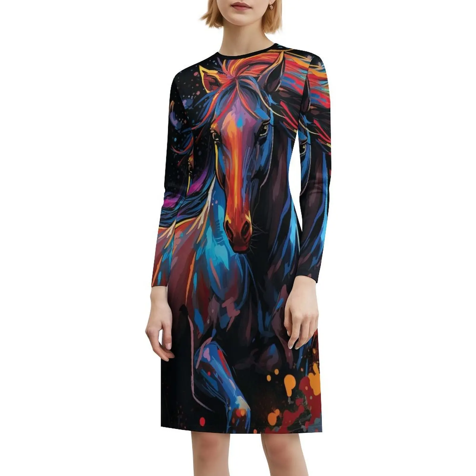 فستان بوهيمي جميل بدون أكمام، متعدد الطباعات، فستان حفلات عطلة الشاطئ، ألوان جميلة، خيول ملونة، سهرة