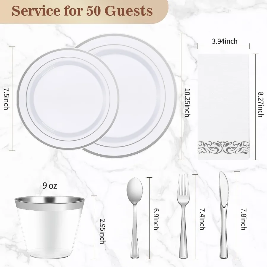 Service de vaisselle en argent 350 pièces pour 50 invités, service de vaisselle en plastique pour fête mariage noël Halloween inclus: 100 plastique P