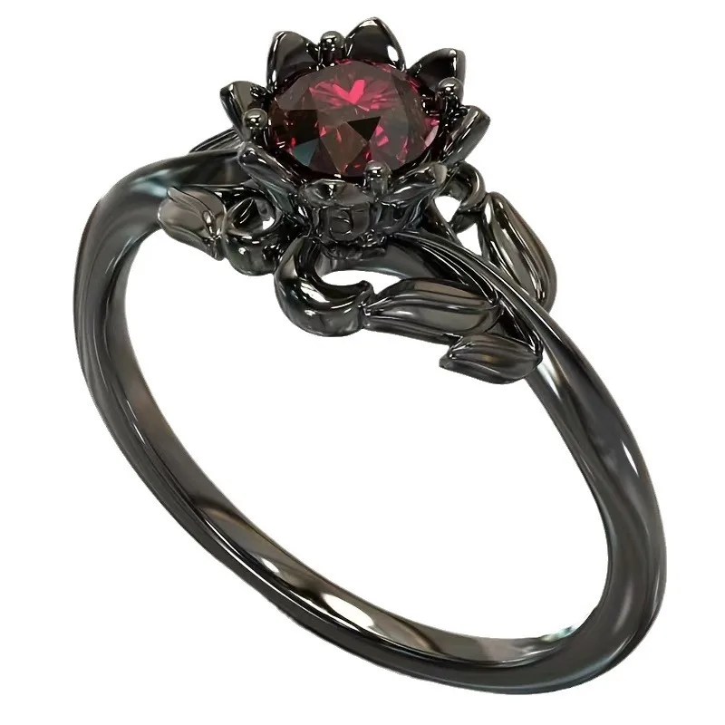 New Jewelry Ladies Flower Ring Electroplating Gun Black European and American Hand-inlaid Zircon Ring