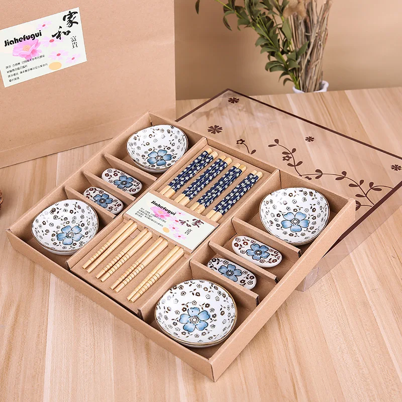 Japanese Style Cherry Blossom Ceramic Sushi Dishes Sashimi Soysauce Dish Dinnerware Set Tableware Set Gift Box (12Pcs/Set)