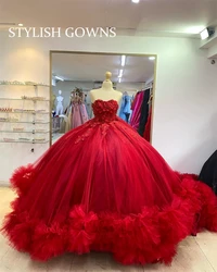 Red Strapless Quinceanera Dresses Applique Ball Gown Beaded Prom Graduation Gowns Appliques Ruffles Vestidos De 15 Año