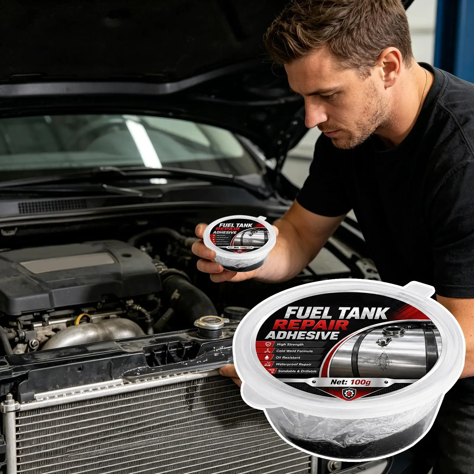 100g Gas Tank Repair Adhesive Oil & Gas Leak Sealant for Car Truck, Fast Curing Fuel-Resistant Epoxy for Metal Cracks Holes Leak