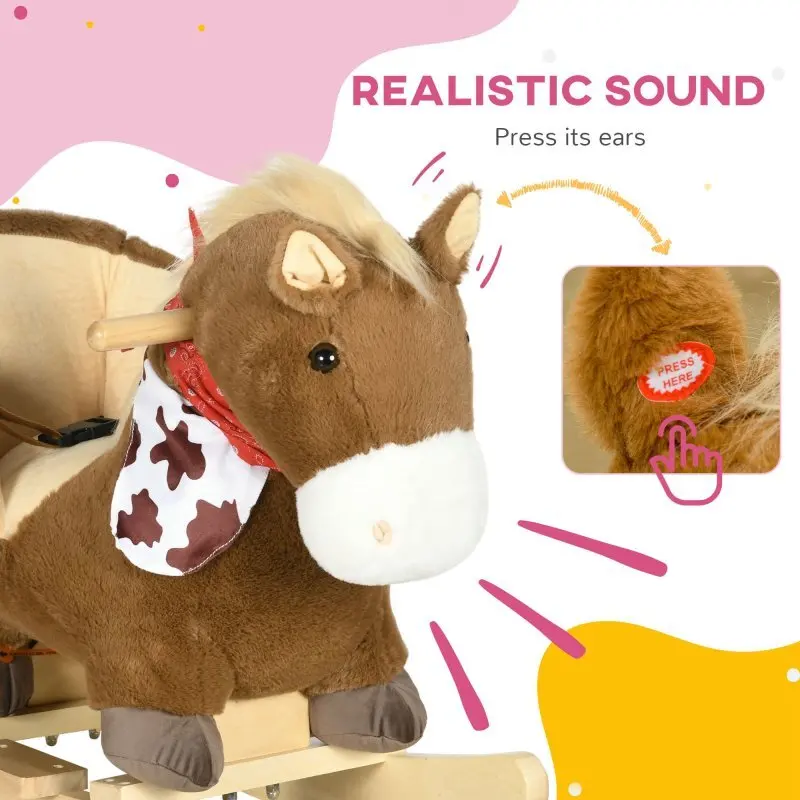 Baby Plush Animal Rocker Horse Brown Realistic Sound Pedals for 18 36 Months Sturdy Soft Ideal Toddler Indoor Play Gift