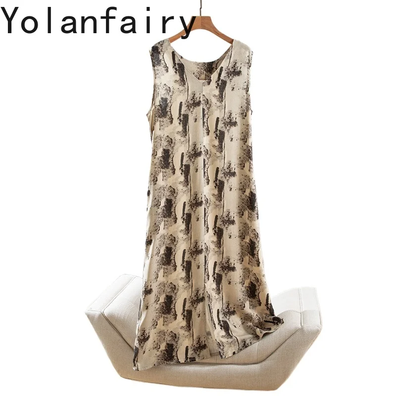 YOLANFAIRY 70% Mulberry Silk 30% Cotton Dress Woman Summer Elegant Printed Sleeveless Ladies Dresses Slit Pocket Casual Dress