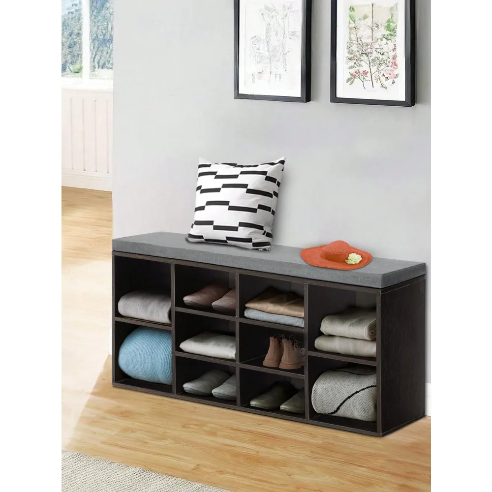 Shoe Storage Bench, Entryway Bench With Storage, 3-Tier Shoe Rack Bench 10 Cubbies Adjustable Shelves Shoe Organizer Shelf