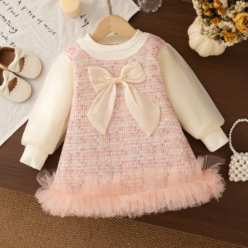 

Girls' Dress for Children Spring and Autumn Big Bow Mesh Patchwork Princess Dress for Baby Girls