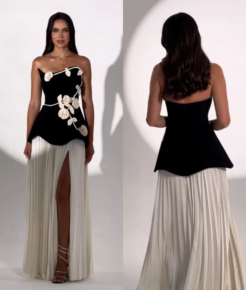 

Customized Sexy Jersey A-Line 3D Flowers Evening Dress High Quality Strapless Sleeveless Floor Length Bespoke Occasion Gowns