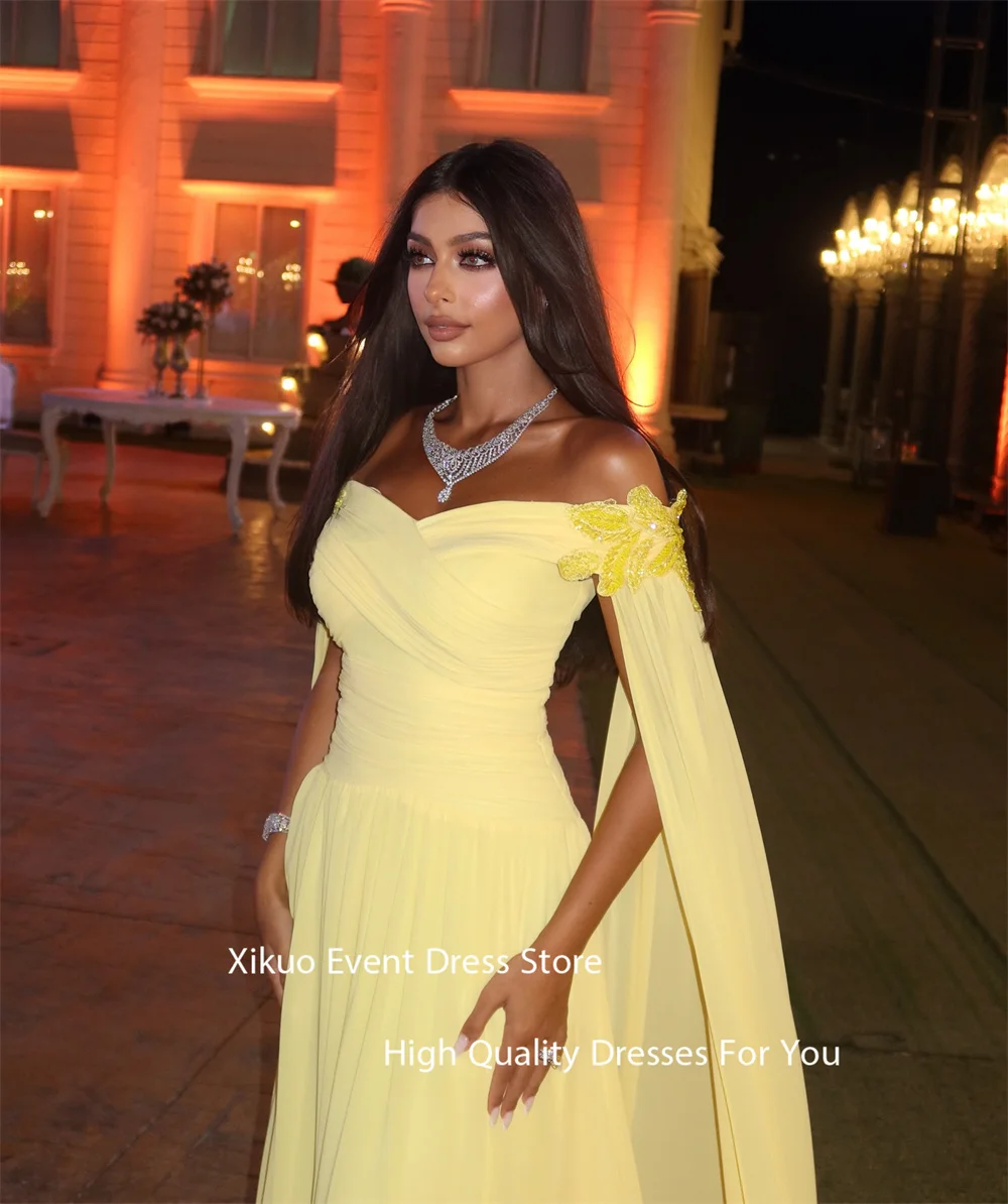Xikuo Off Shoulder Flowers Evening Dresses Yellow Pleated Party Dresses Formal Chiffon A Line Vestidos De Fiesta Customized