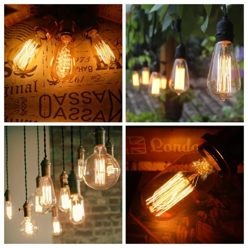 Żarówka oświetlenie typu Edison E27 220V 40W ST64 A19 A60 G80 G95 T10 T45 T185 Retro żarówka ampułka żarówka Vintage lampy Edison