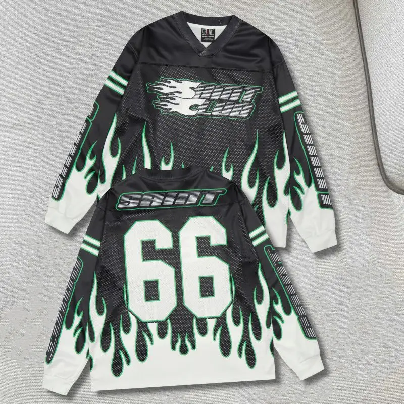 

American Hiphop Street Retro Saint Tshirt Mesh Breathable V-neck Long Sleeve Top Flame Print No. 66 Jersey Men Women Sweatshirts