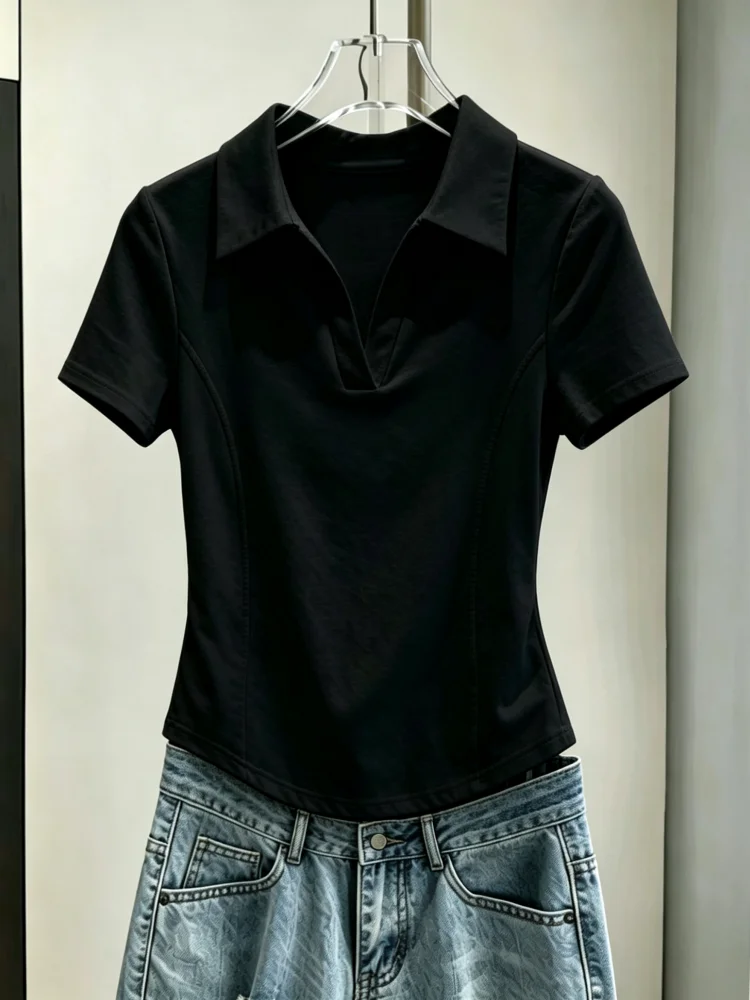 95 Cotton Korean Style  Neck Short Sleeve T-Shirt Women's plus Size Slim Fit Pure Color Base Fishbone Top