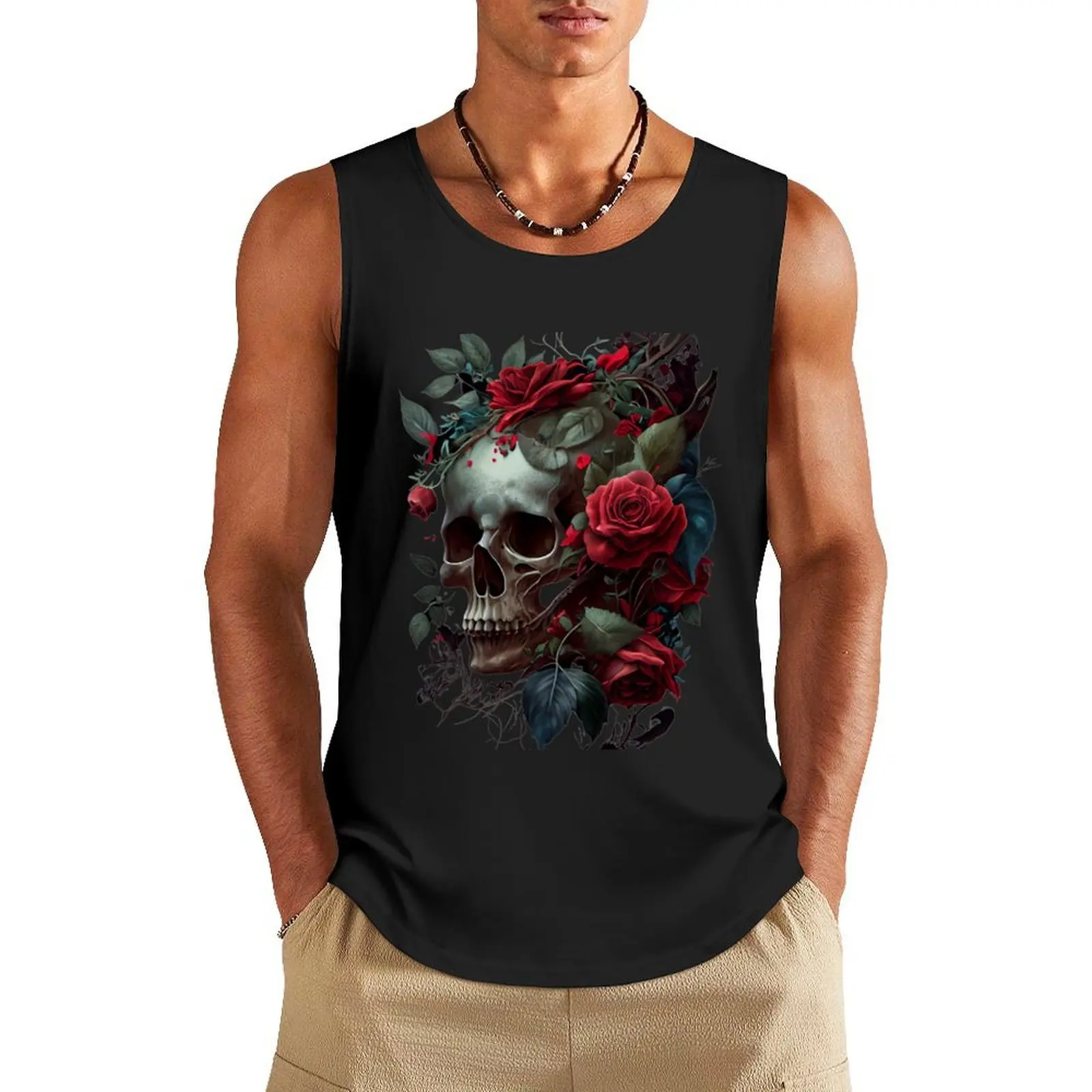 

Skull and crossbones with flowers for a grunge and romantic look Tank Top Working vest gym clothing men sleeveless vest men