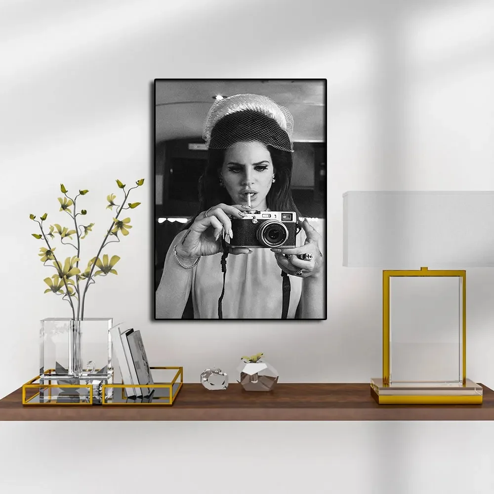 Black and White Lana Del Rey Art Girl Hold a Camera Canvas Painting Retro Poster Print Wall Picture for Living Room Home Decor