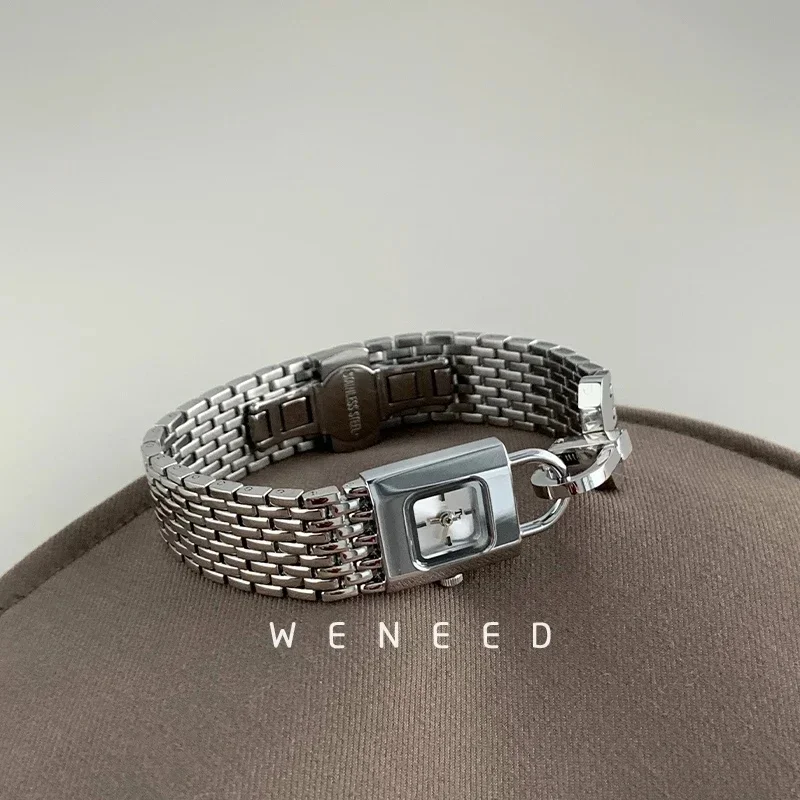 Women Vintage Watch Unique Niche Lock Shape Design, Luxury Stainless Steel Strap Ladies Wrist Watch, New Elegant Dress Timepiece