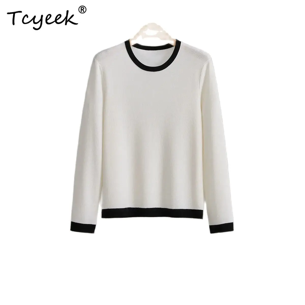 

Tcyeek, элегантные свитера из 100% мериносовой шерсти, женские однотонные свитера с длинными рукавами, тонкий французский мягкий вязаный пуловер, осень-зима 2024, T48417QC