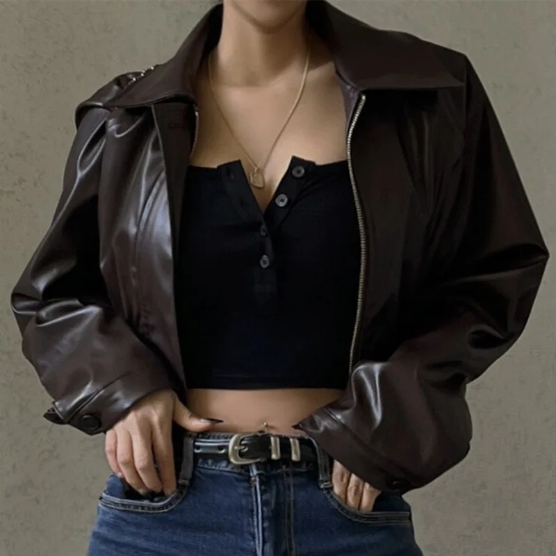 Jaket kulit PU kasual wanita, mantel Crop coklat lengan panjang gesper Single Breasted jalanan tinggi ritsleting kerah Retro baru musim gugur