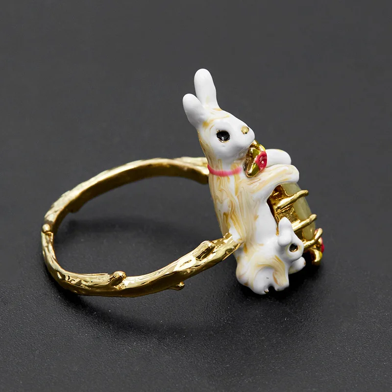 New Niche Fashion Design Sense Mini Cute Enamel Glaze Flowers 3D Three Rabbits Gemstone Opening Ring Y2k Jewelry Luxury Designer