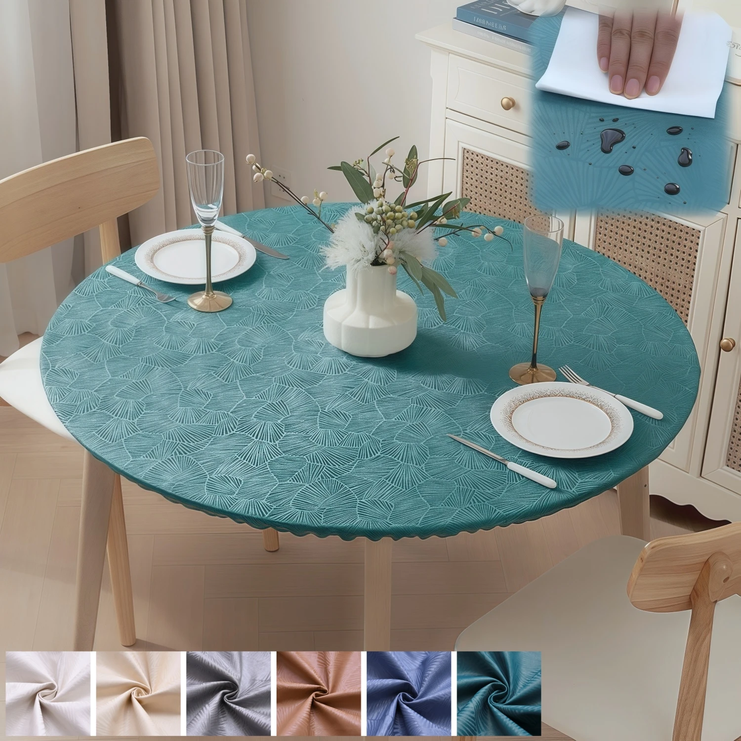Non-slip Round Fitted Tablecloth Vinyl Table Cover Waterproof Oil-Proof with Carving Figure Table Cloth Plastic Table Protector