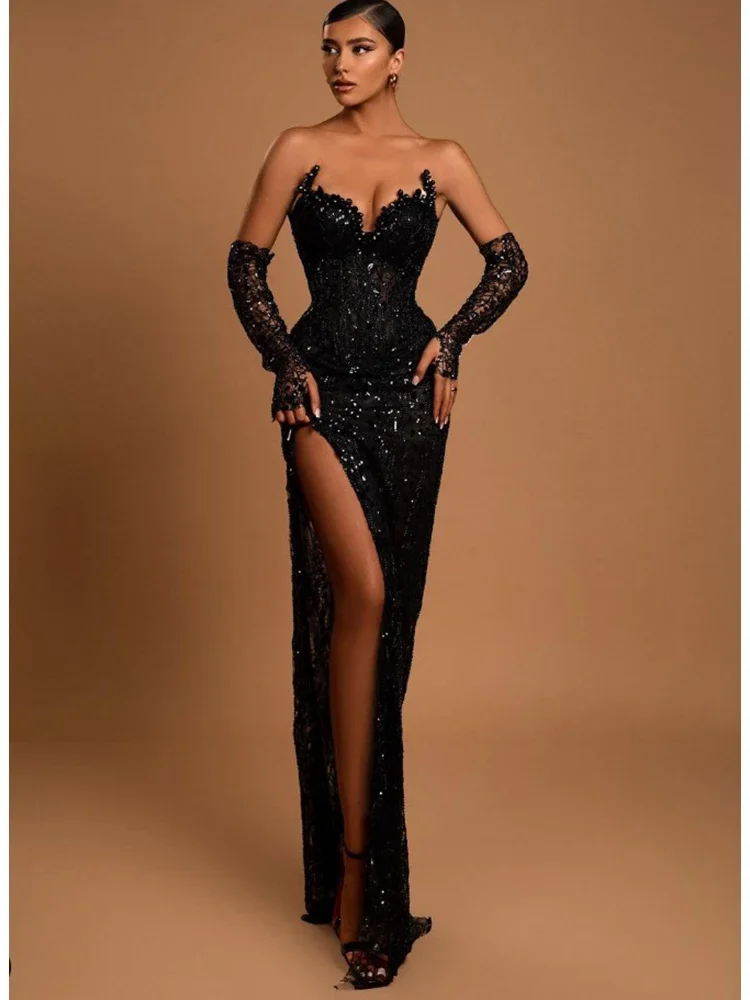 

Sexy Black Strapless Glitter Sequins V Neck Sleeveless Long Dress Women Slim Beading Split Maxi Gowns with Gloves Celebrity