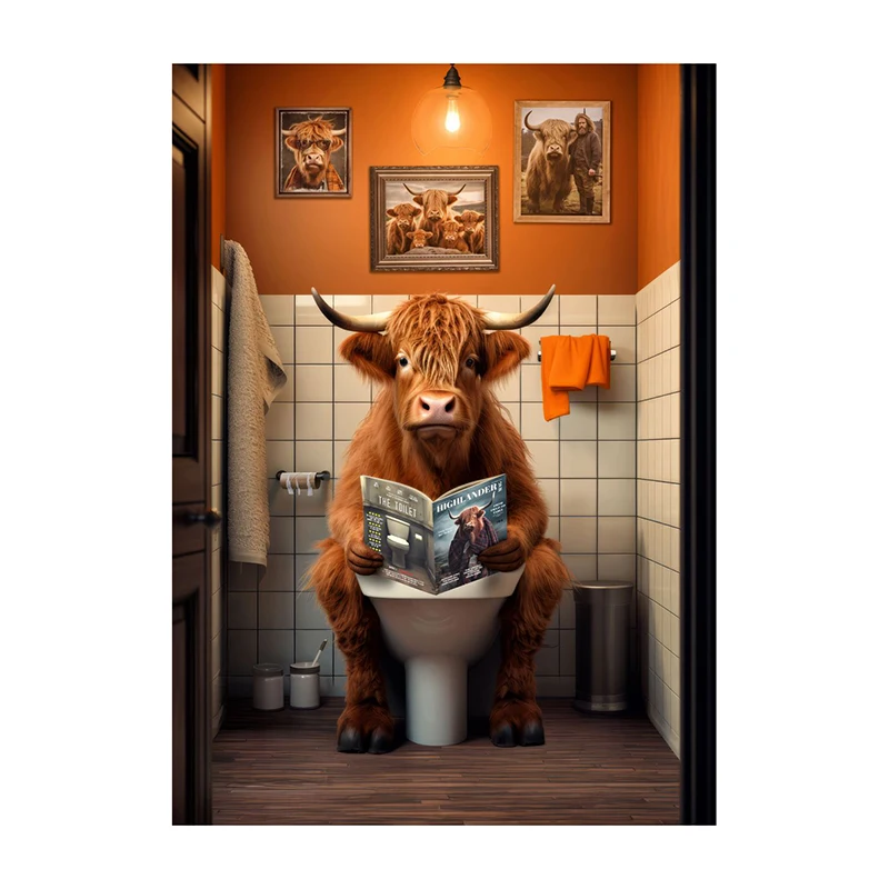 Goldendoodle Monkey Highland Cow on The Toilet Reading Newspaper Poster Animal Print Canvas Painting Funny Bathroom Wall Decor