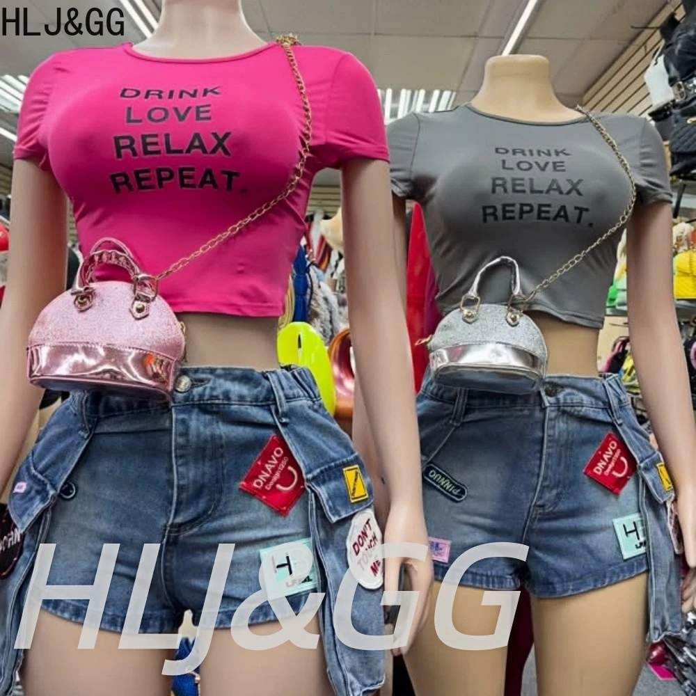 

Модная уличная одежда Y2K от HLJ&GG, женский укороченный топ с круглым вырезом и короткими рукавами, джинсовые шорты с вышивкой, комплекты из двух предметов, наряды
