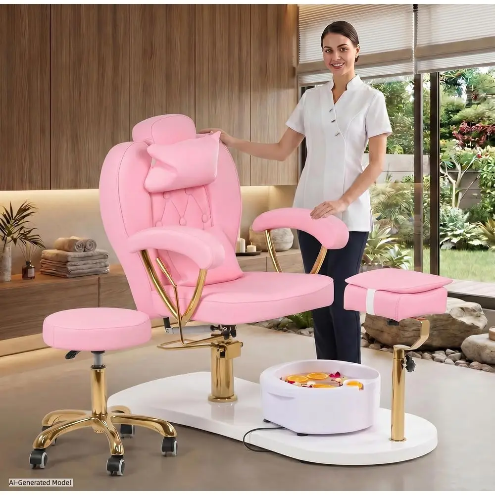 360° Swivel Reclining Pedicure Chair with Stool, Foot Bath, and Ergonomic Rest for Nail Technicians and Spa (Pink)