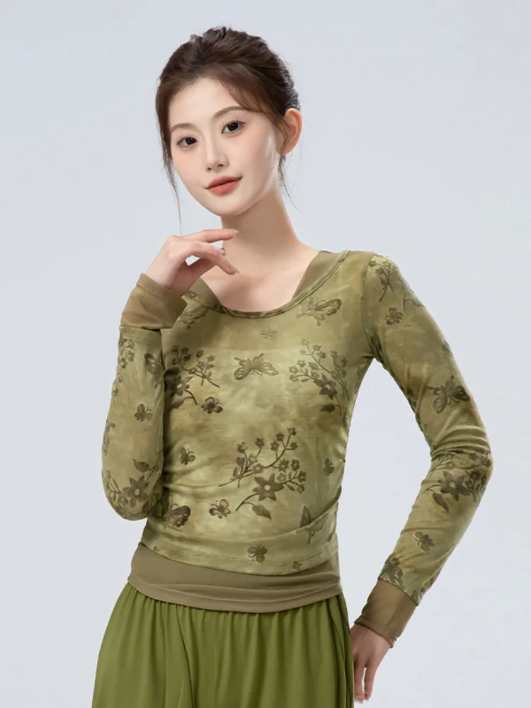 Top da ballo slim fit a maniche lunghe in rete con collo quadrato tie-dye – Camicia moderna per spettacoli teatrali con pannelli trasparenti da donna