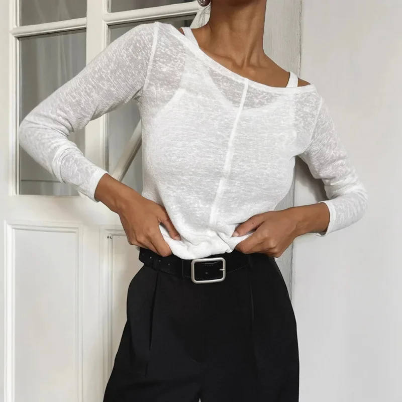 Off-Shoulder White Long-Sleeve T-Shirt Vest 2 Piece Set Spring Summer Comfortable Slim-Fit Semi-Sheer T-Shirt Fashion Women Top