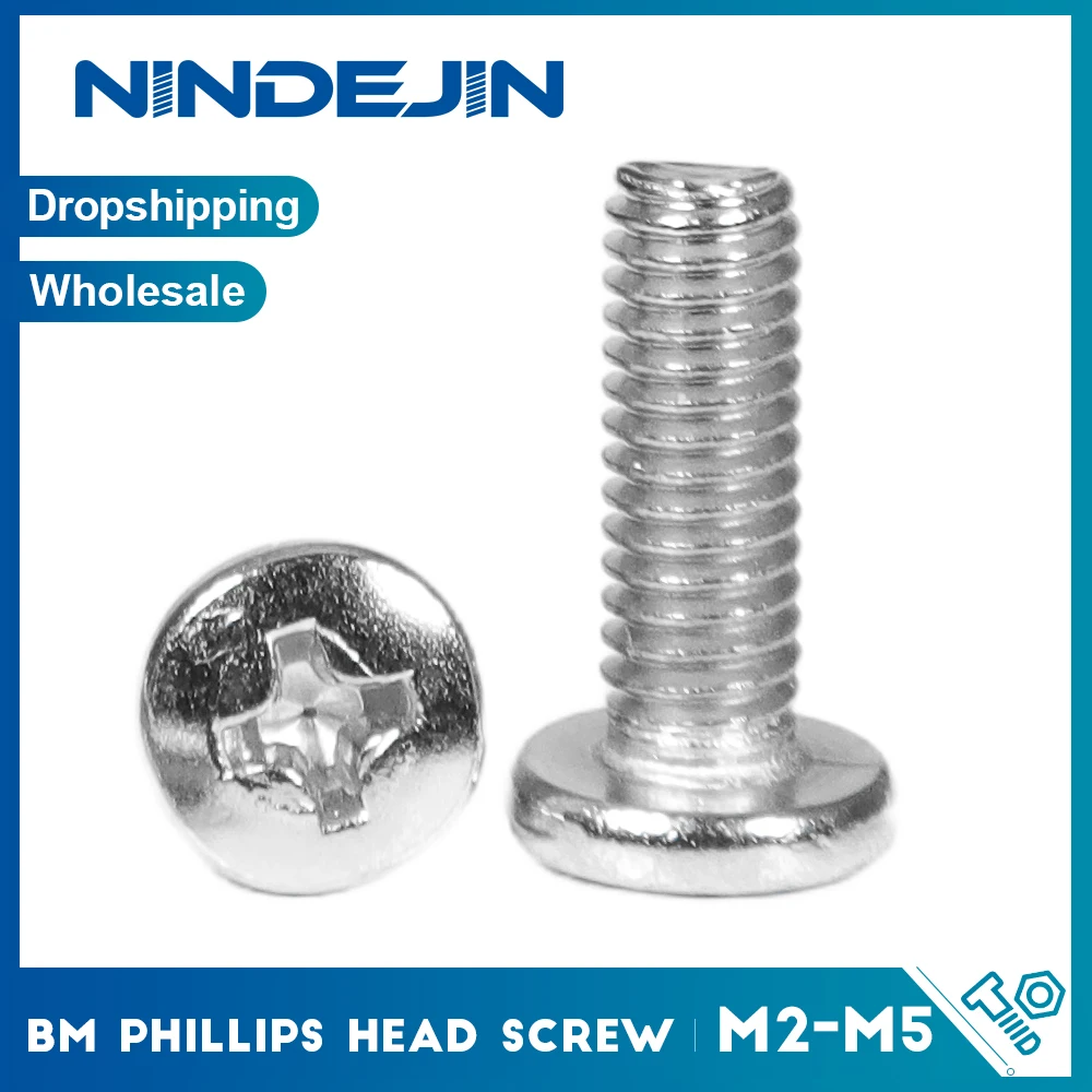 30-100pcs Cross Recessed Round Pan Head Screws Nickel Plated Carbon Steel M2 M2.5 M2.6 M3 M4 M5 Phillips Machine Screws DIN7985
