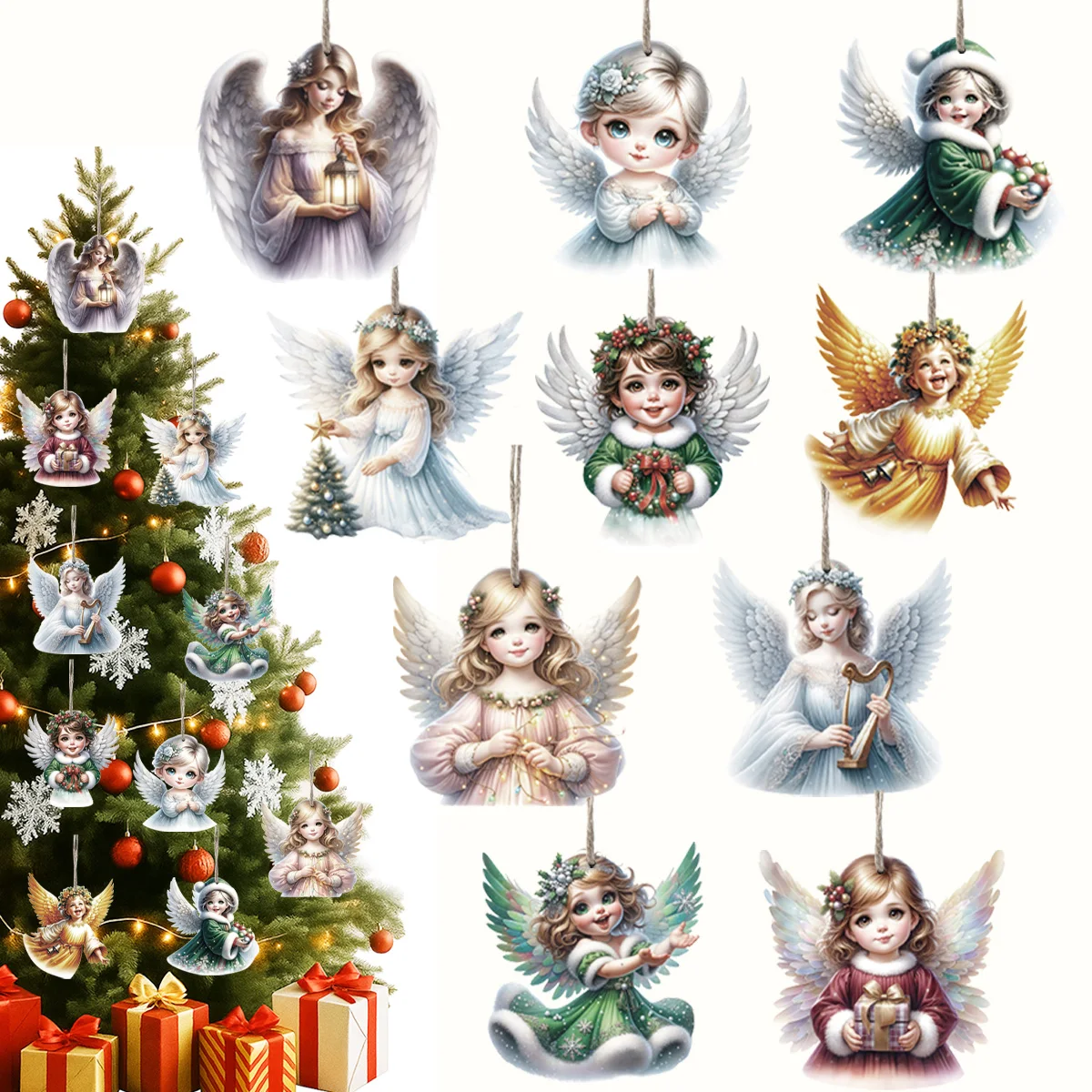 

12pcs Christmas Vintage Wooden White Angel Pendant Merry Christmas for Home 2025 New Year Pendant Gift Christmas Tree Decoration