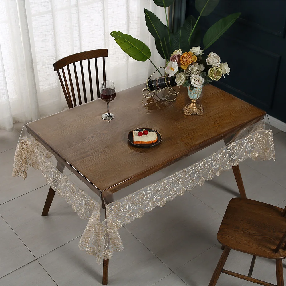 PVC Tablecloth Embroidery Lace Transparency PVC table cloth Waterproof Oilproof Kitchen Dining table cover for rectangular table