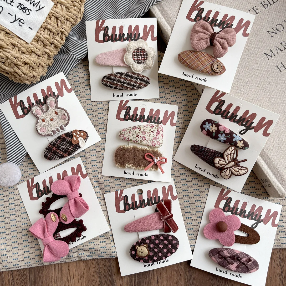 مشابك شعر من القماش الكوري مكونة من قطعتين من مشابك الزهور على شكل فيونكة باللون الوردي والبيج للفتيات والأطفال وإكسسوارات الشعر اللطيفة