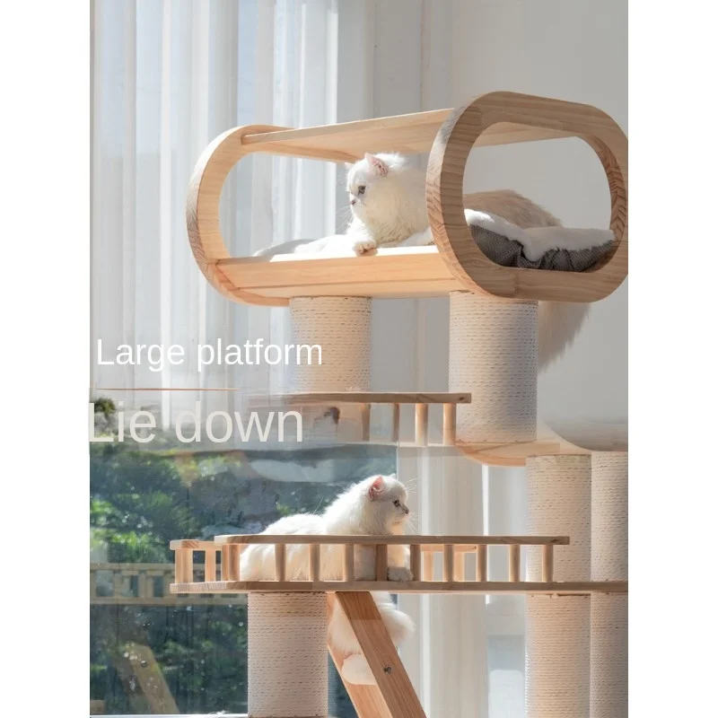 Large Wooden Tree Tower for Cat, Multiple Hamocks Toys, Scratcher, Condo Training, Pet Products, Home Decoration