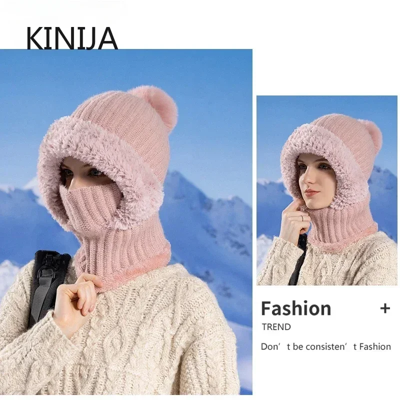 Women Hooded Cap Winter Velvet Knitted Skullies Beanies  Ear Protection Fluffy Hat Lady Mask Neck Integrated Warmth Cover Hat