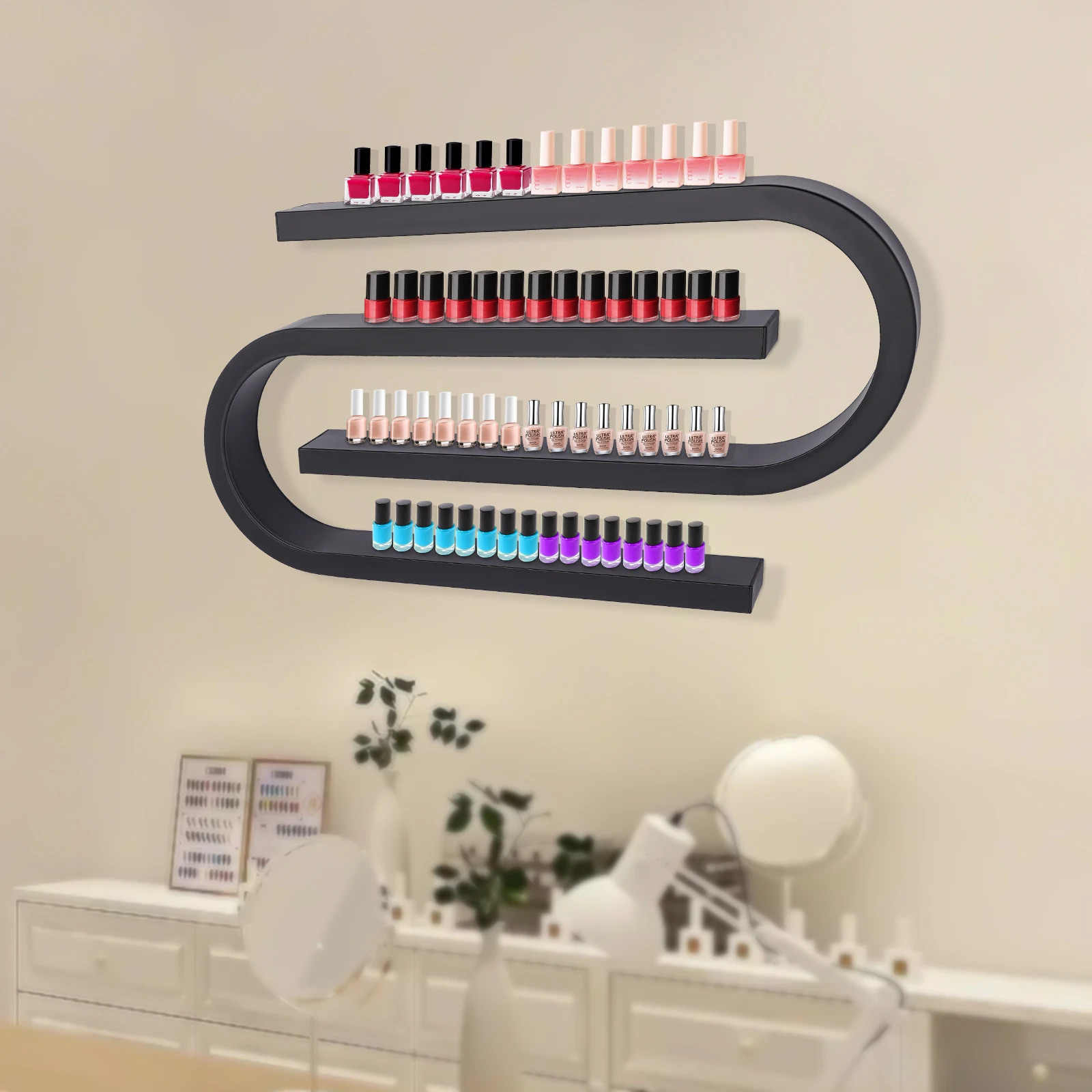 

Black Wall-Mount Nail Polish Rack Iron+Plastic - High-Temperature Baking Paint & 44.09Lbs Load-Bearing, 2 U-Shaped Racks
