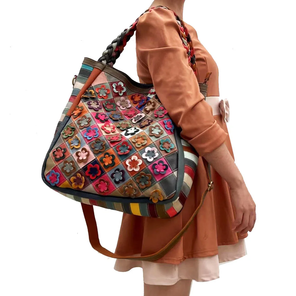 TEELYNN Vintage Gypsy Hippie Floral Multi Colored Bag Women Luxury Genuine Leather Oversized Bags Large Capacity tote handbag