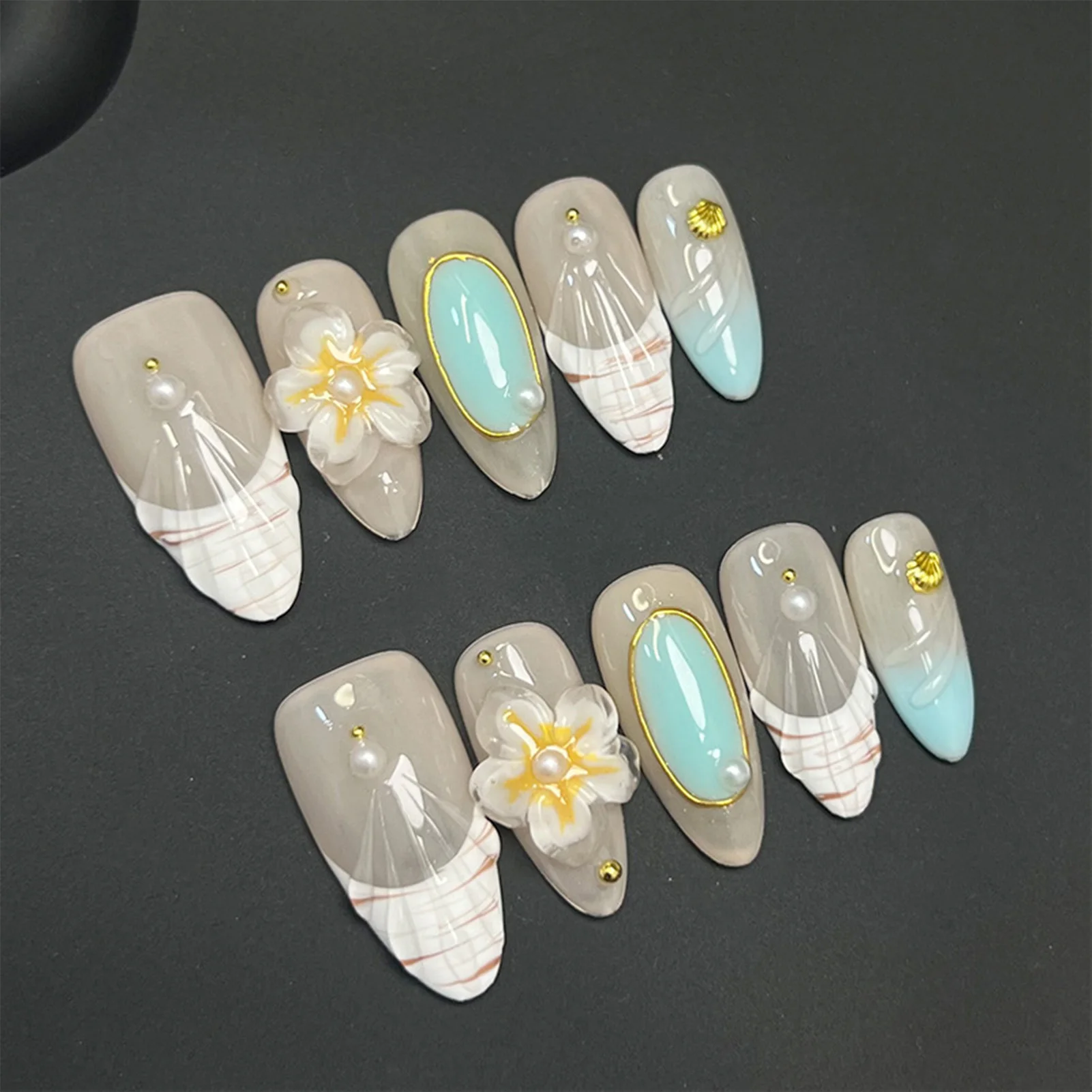 10PCS Sweet Almond False Nails 3D Floral Ombre Press On Nails Handmade False Nails for Women Girls DIY Manicure