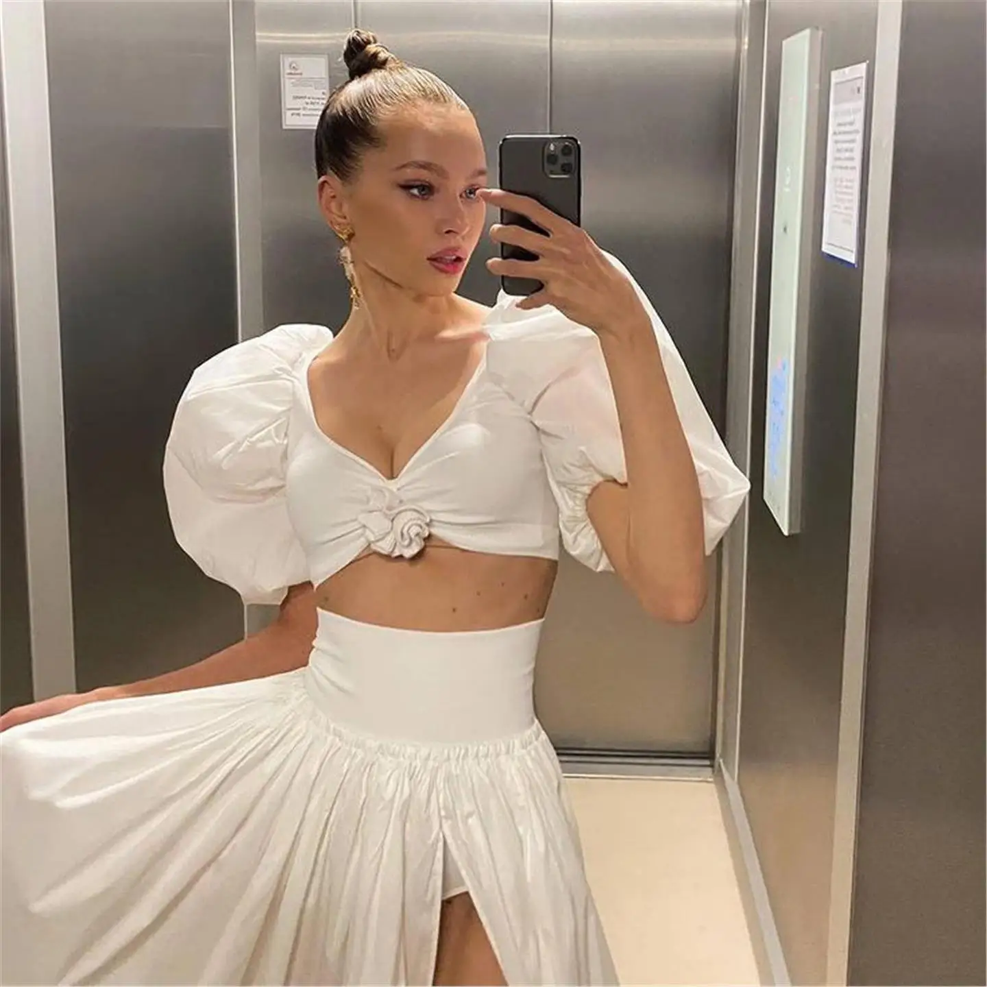 Elegant Long Skirt Two-Piece Set Bubble Sleeve High Slit Waist-Cinching Cross-Border Dressing Casual Pants for Women