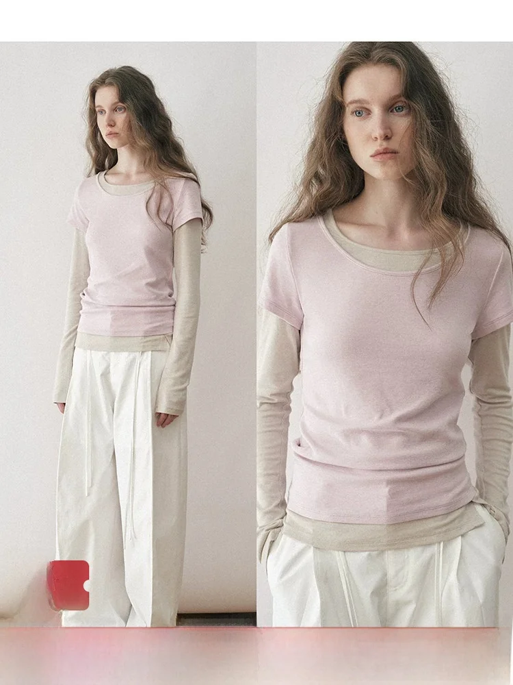 Slim Fit round Neck Long Sleeve T-Shirt Women's Inner Wear Base Top Popchrio Design Sense Splice Apparels Casual Style Pure C...