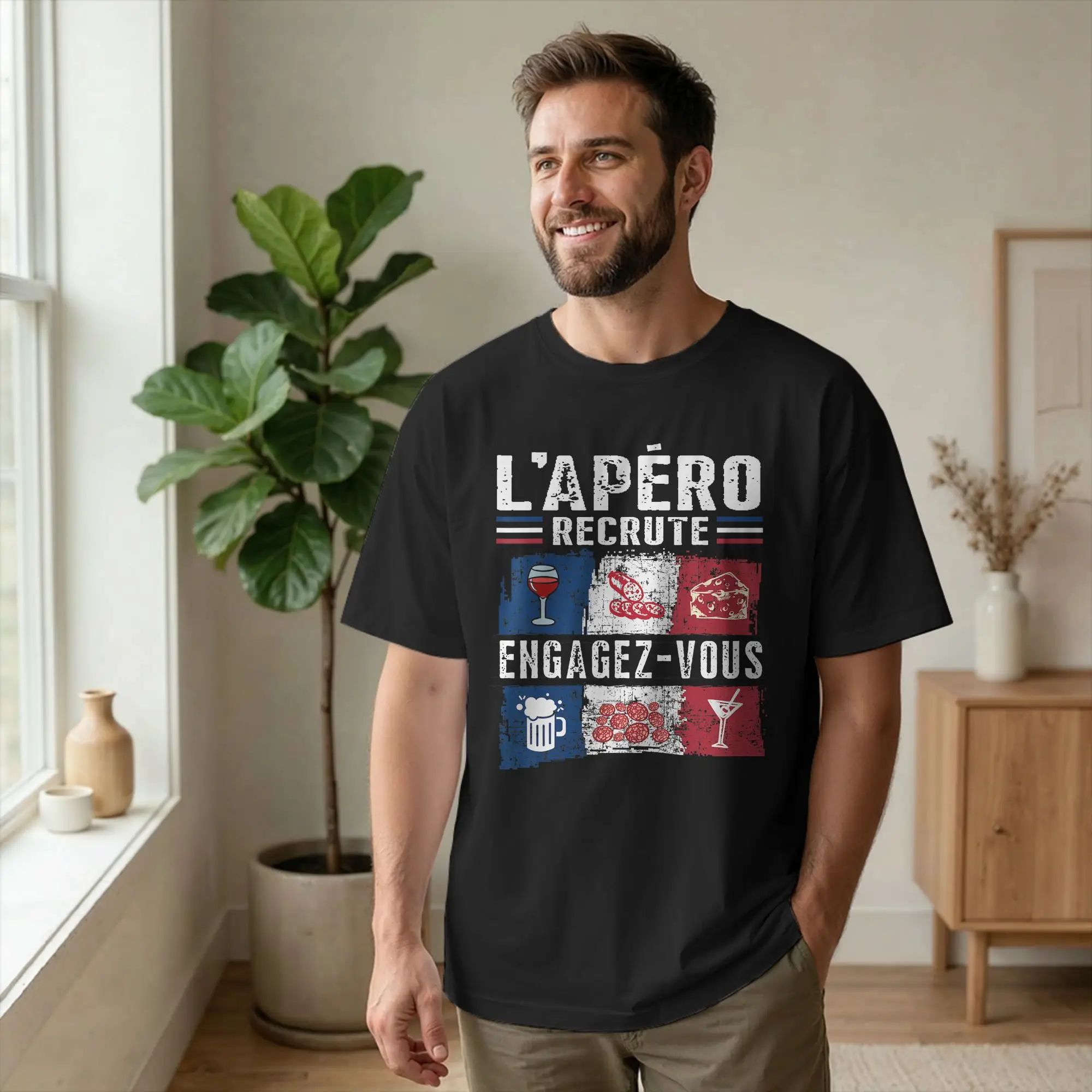 Camisetas L'Apero Recrute Engage-Vous Humour Apero para hombre, camisetas de algodón con humor, camisetas con cuello redondo, camisetas de manga corta, productos de talla grande