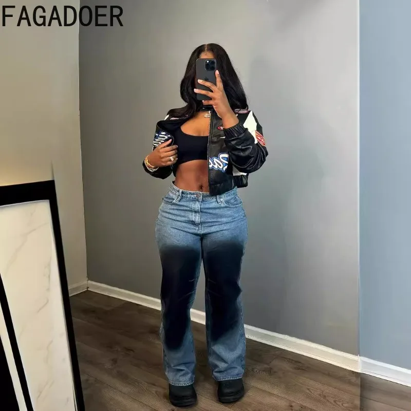 FAGADOER Retro Fashion Gradient Denim Pants Woman Summer High Waist Loose Straight Tube Jeans Female Streetwear Bottoms 2025 New